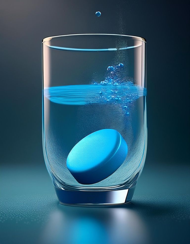 Firefly blue dissolving tablet on glass of water 19594